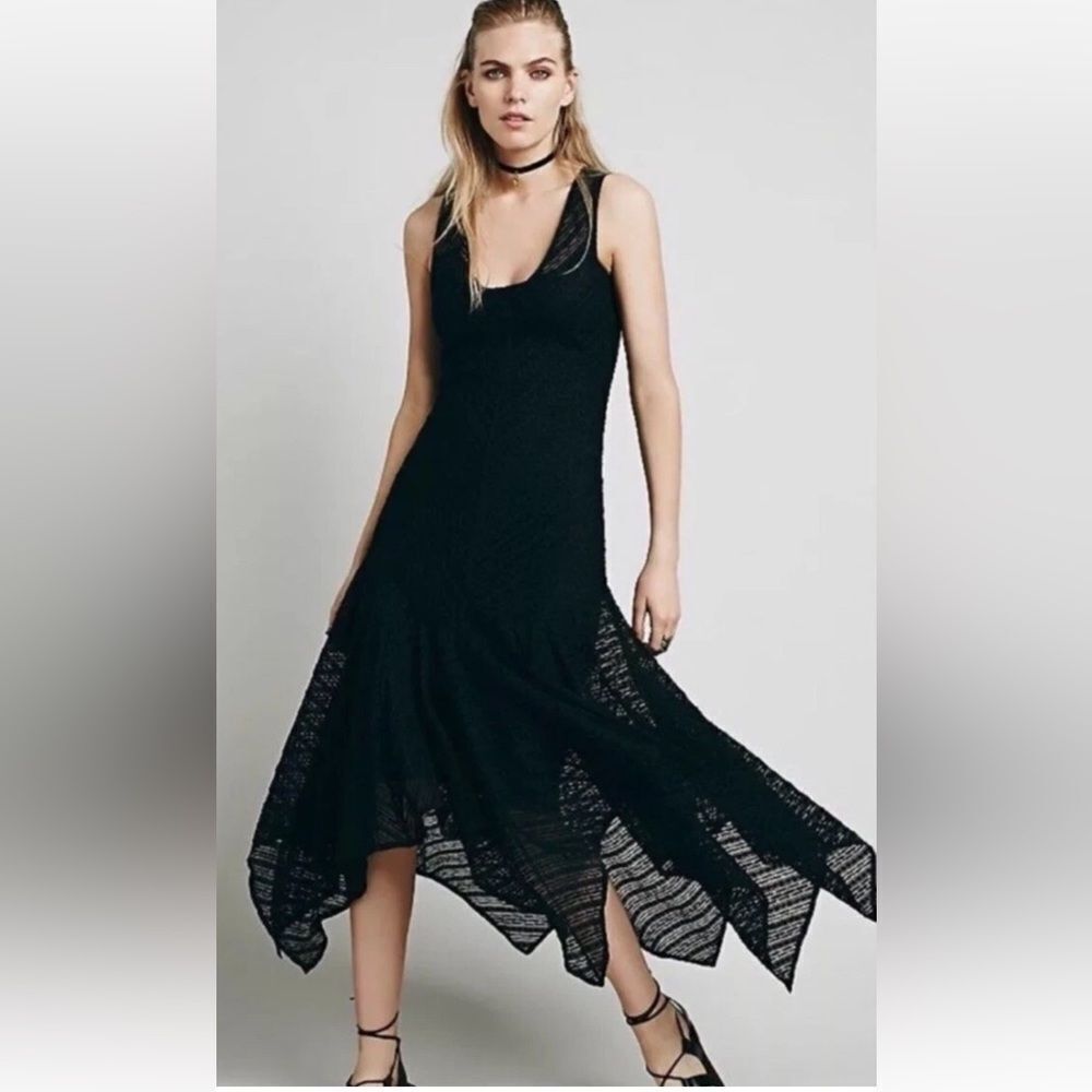 Free People Lila Asymmetrical Shark Bite Hem Sheer Lace Dress Black Sz Small